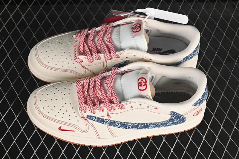 All categories Air Jordan Jordan series basketball shoes Air Jordan 1 Low High-end customized low-top sneakers Travis Scott x Fragment Design x Air Jordan 1 Low OG SP AJ1 Joe 1 Gucci joint red line denim low-top cultural casual sneakers XQ1979-001